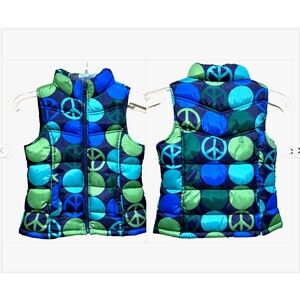 Old Navy Girls Puffer Vest XS Blue Green Peace Sign Bubble Y2K Retro Zip Coat